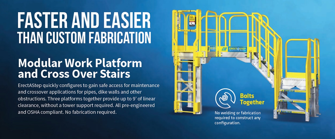 erect a step modular work platforms and cross over stairs. Safe maintenance access and OSHA compliant