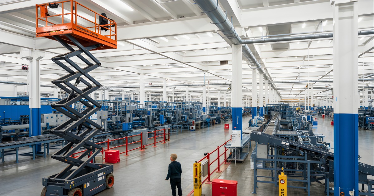 A large industrial warehouse facility with assembly lines. A professional stands next to a scissor lift.