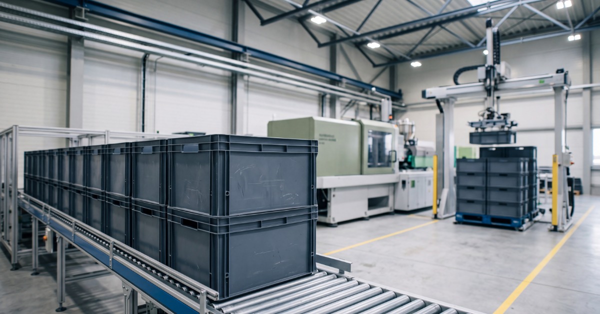 A conveyor system rolling storage bins and totes into loading area. Machinery sits behind the conveyors.